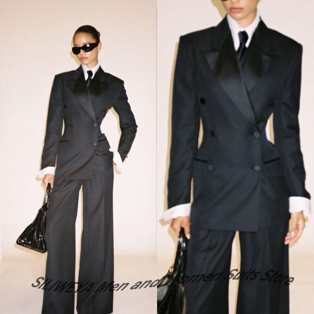 Women Formal Wear Black - Professioneel Dames Zwart Double-Breasted Pak Slim