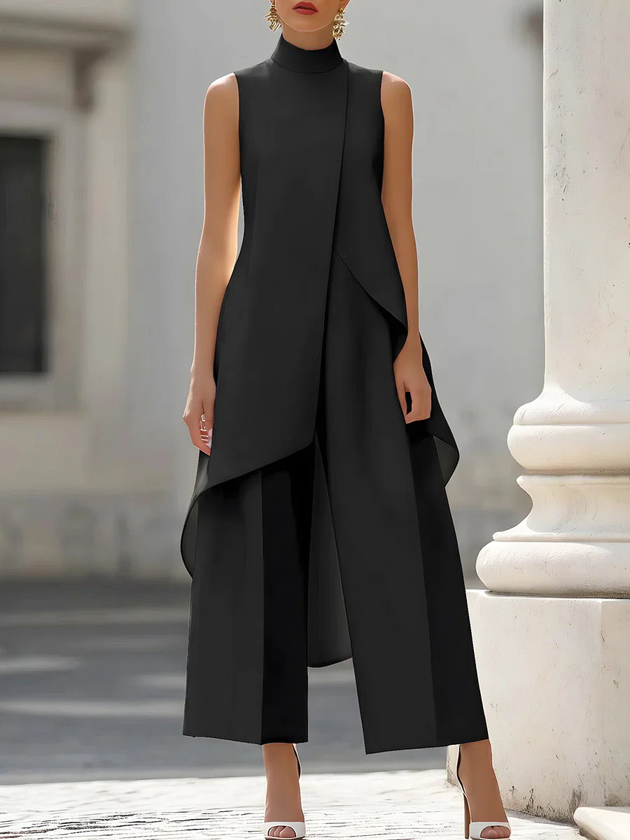 Female Formal Wear - Mouwloze, asymmetrische, gelaagde jumpsuit met hoge