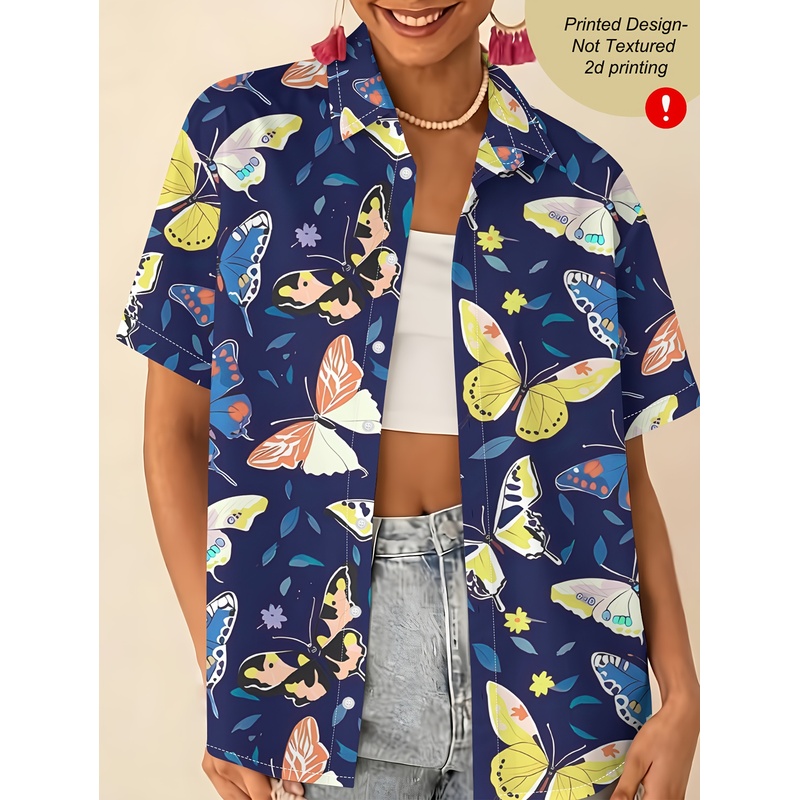 Women Formal Wear Stitching - Damesblouse met vlinderprint, knoopsluiting, reverskraag, korte