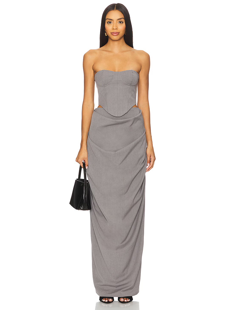 Female Formal Wear - Grijze off-shoulder corset gerimpelde jurkenset 2026