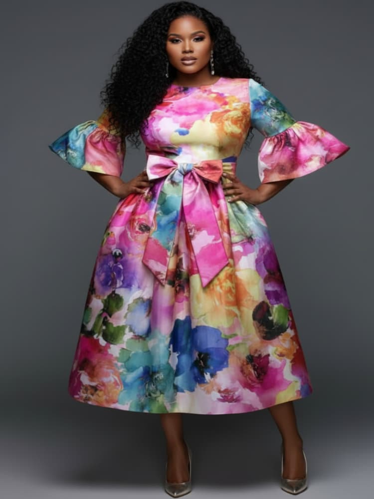 Female Formal Wear - Plus Size Midi-jurk met ronde hals,
