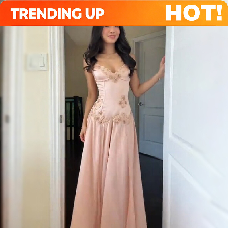 Female Formal Wear - Elegante roze strapless maxi-jurk met V-hals,